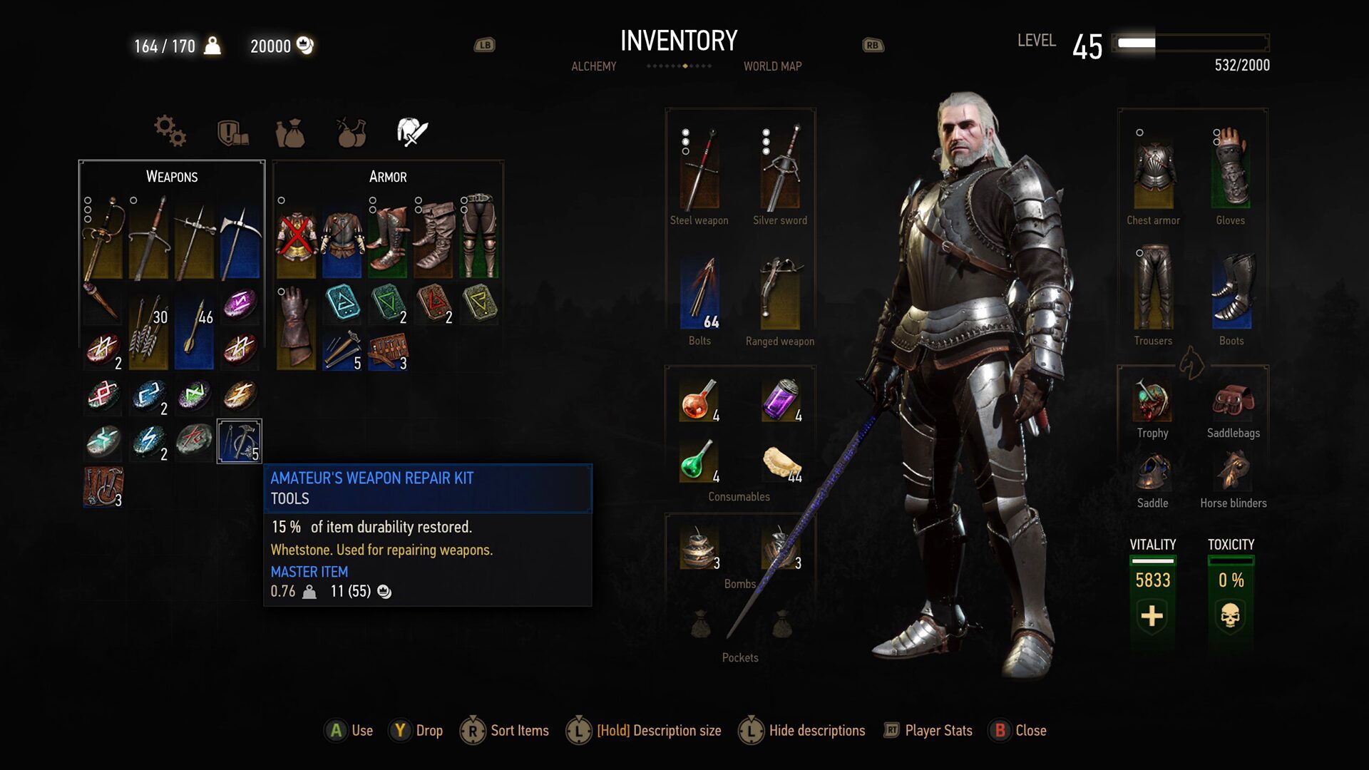 The Witcher 3 inventory screenshot