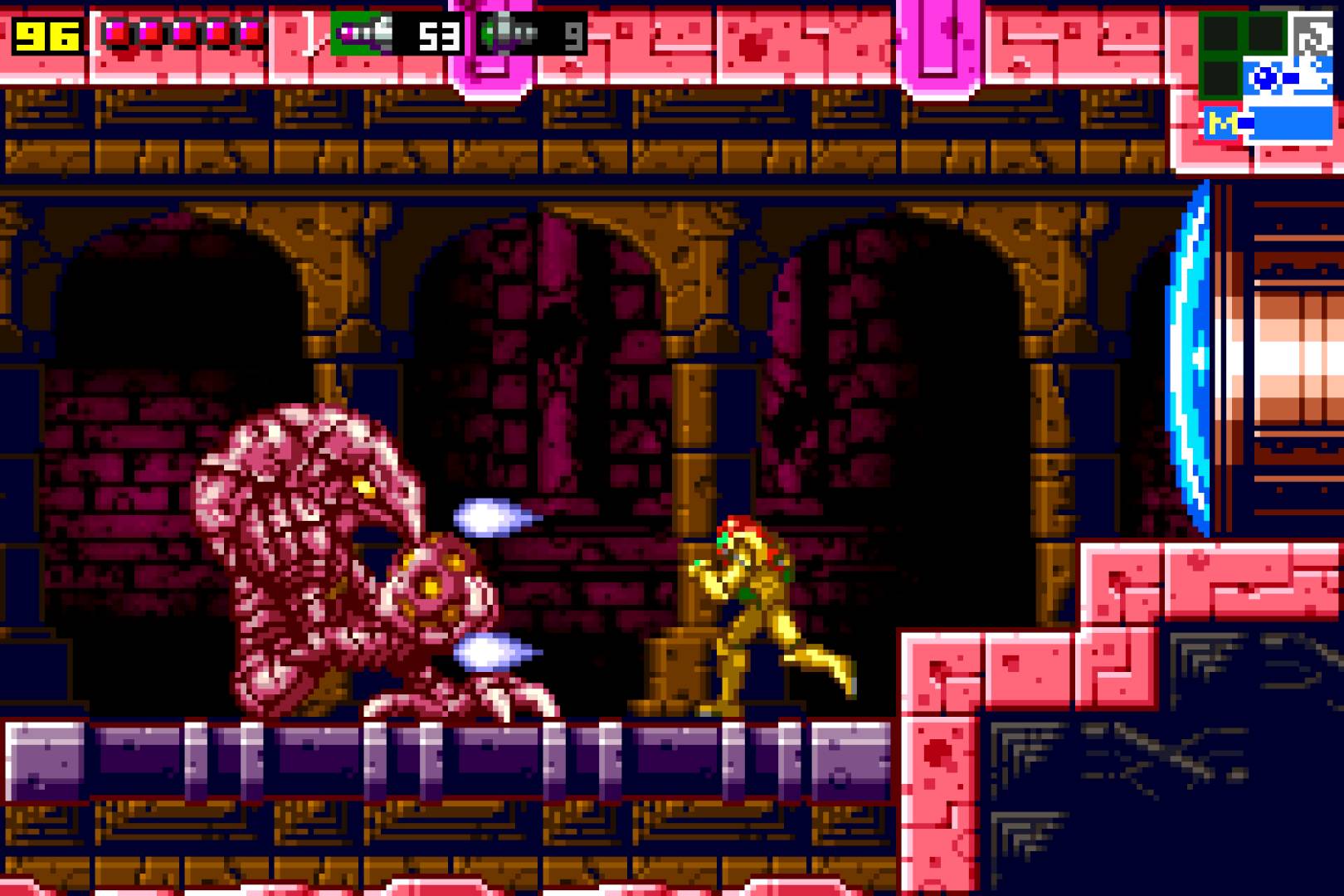 A snapshot of gameplay from Metroid Zero Mission. 