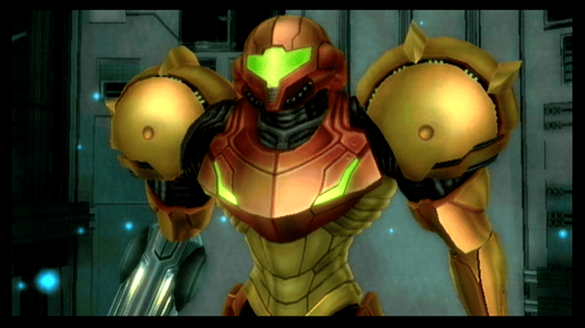 Metroid Prime Trilogy Samus looking all heroic.