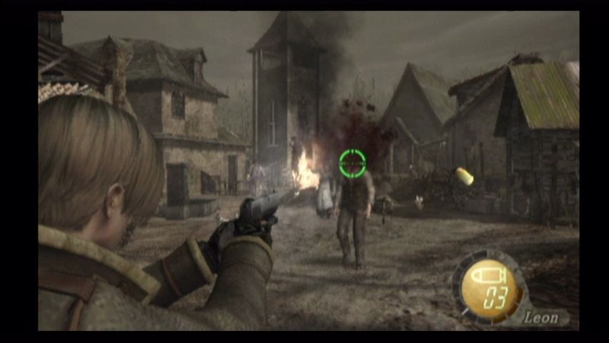 Resident Evil 4 Wii Leon lining up his crosshairs on a dude's face.