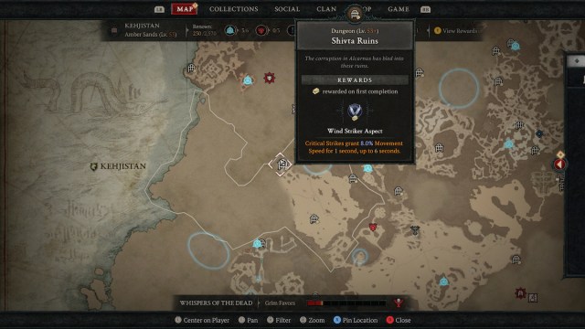 Shivta Dungeon Location on the map screen in Diablo 4