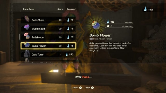 Bomb Flowers being sold by the Bargaining Statue in The Legend of Zelda: Tears of the Kingdom.