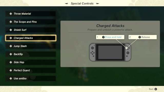 Special controls for charged attacks in The Legend of Zelda: Tears of the Kingdom. 