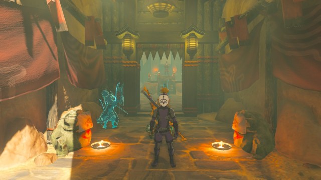 Link trägt Yiga-Clan-Outfit vor dem Yiga-Hauptquartier in The Legend of Zelda: Tears of the Kingdom.