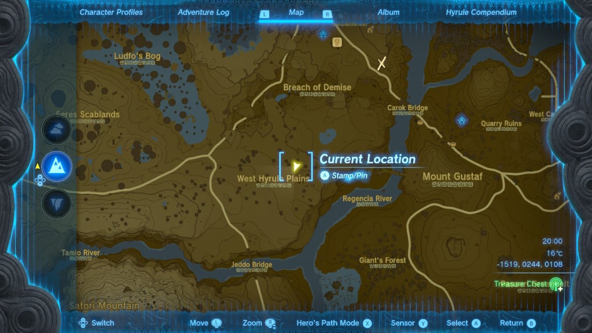 A map of Hyrule, in the southeast of the Tabantha region. The current location is next to West Hyrule Plains.