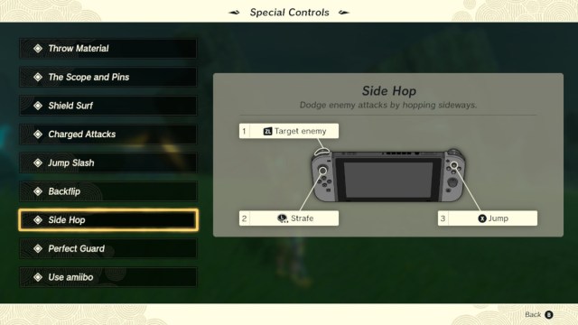 Special controls for side hopping in The Legend of Zelda: Tears of the Kingdom.