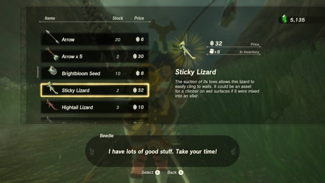 Sticky Lizard being sold by Beedle in The Legend of Zelda: Tears of the Kingdom.