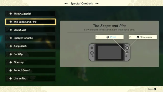 Special controls for the scope and pins in The Legend of Zelda: Tears of the Kingdom