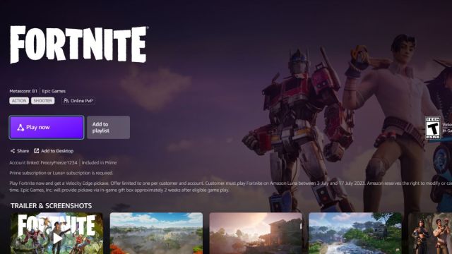 Prime Gaming members can now play Fortnite on  Luna