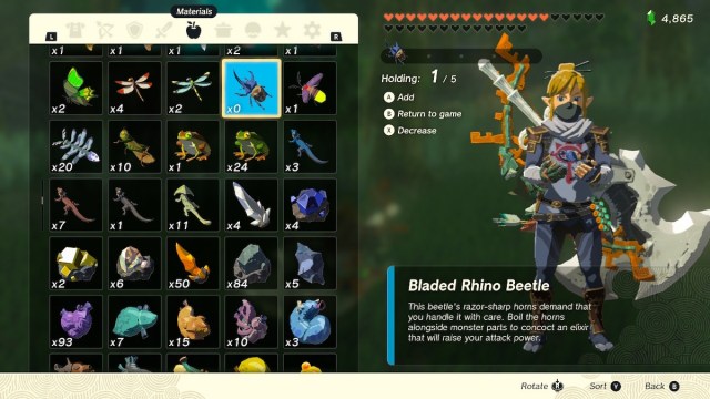 Bladed Rhino Beetle in Link's inventory in The Legend of Zelda: Tears of the Kingdom.