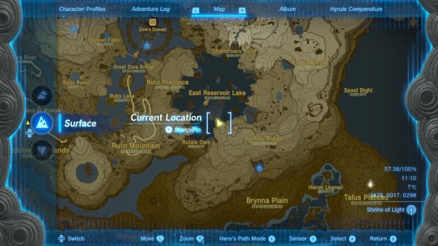 Map pinpointing East Reservoir Lake in The Legend of Zelda: Tears of the Kingdom.