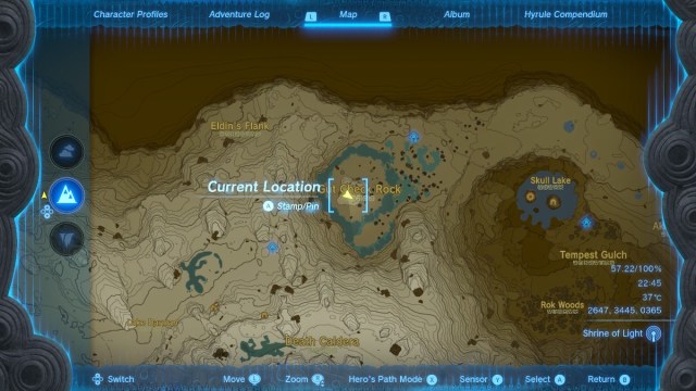 Map pinpointing Gut Check Rock in The Legend of Zelda: Tears of the Kingdom.