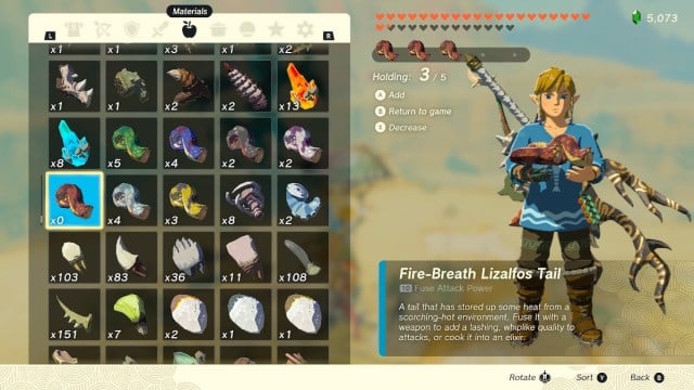 Link holding Fire Breath Lizalfos Tails in The Legend of Zelda: Tears of the Kingdom.