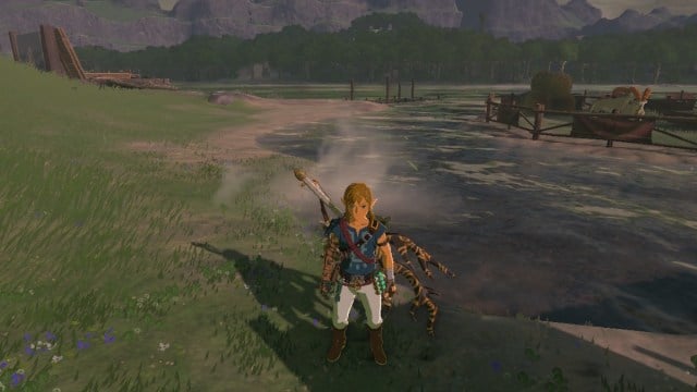 Link standing near river in The Legend of Zelda: Tears of the Kingdom.