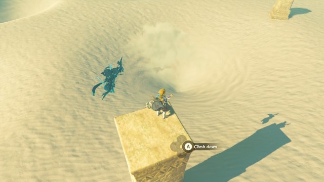 Link next to sand swirl in Gerudo Desert in The Legend of Zelda: Tears of the Kingdom.