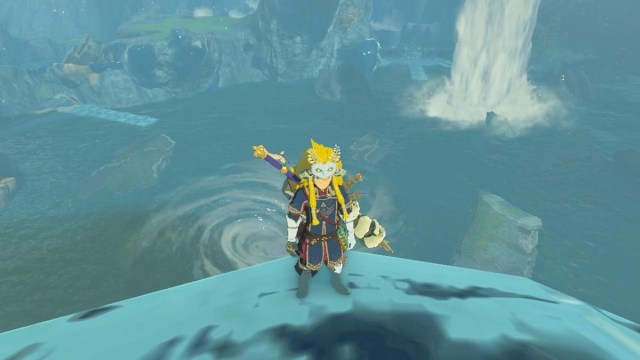 Link next to water swirl in The Legend of Zelda: Tears of the Kingdom.