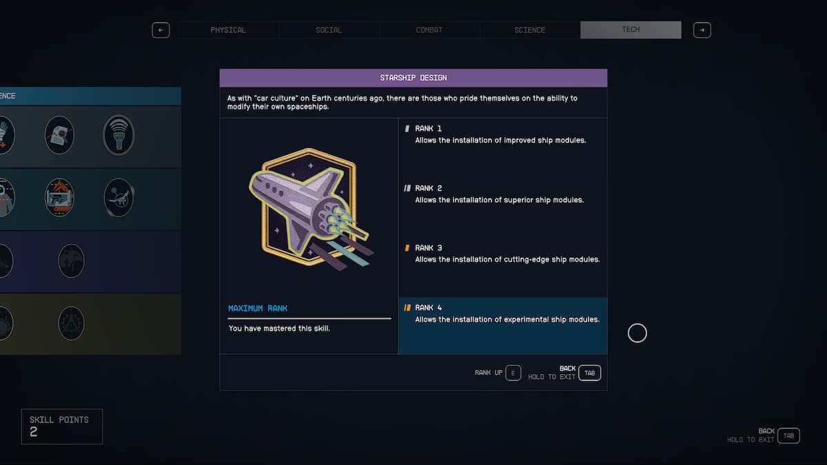 The Starship Design skill in Starfield