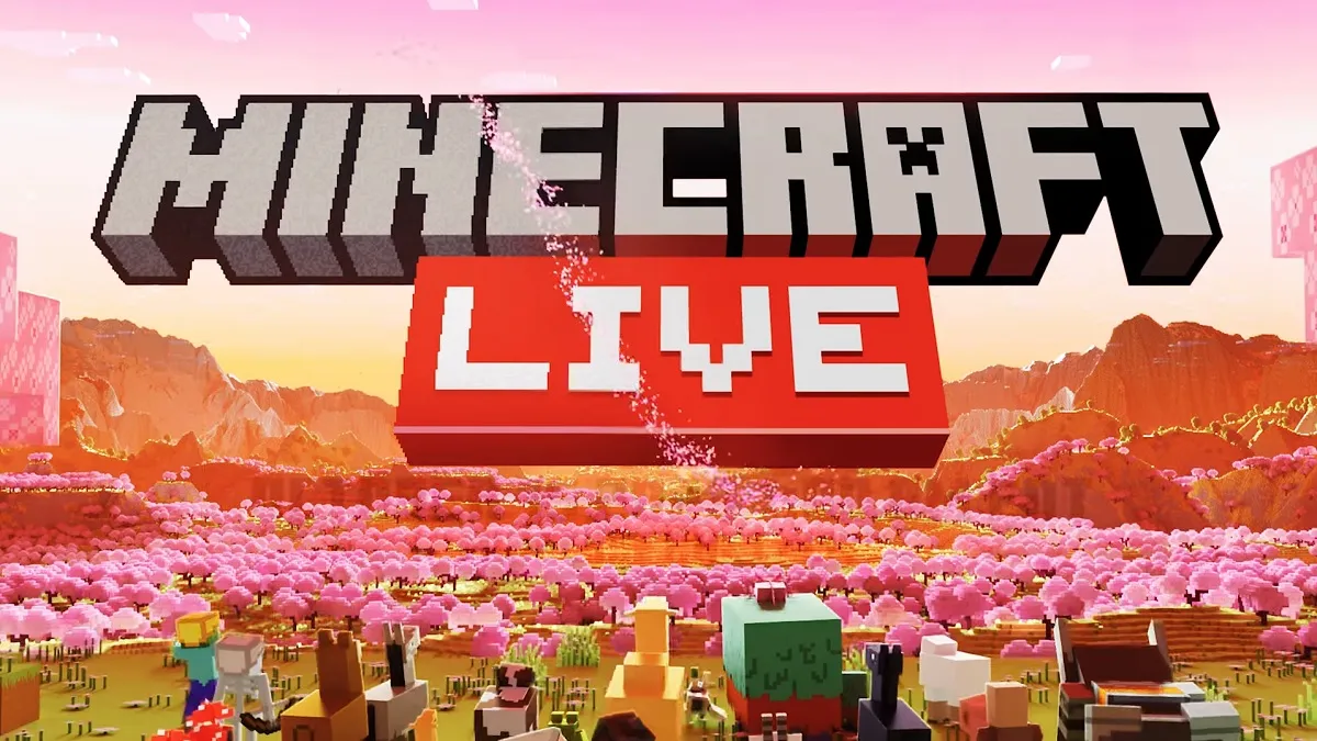 A series of Minecraft mobs looking up at the Minecraft Live logo.