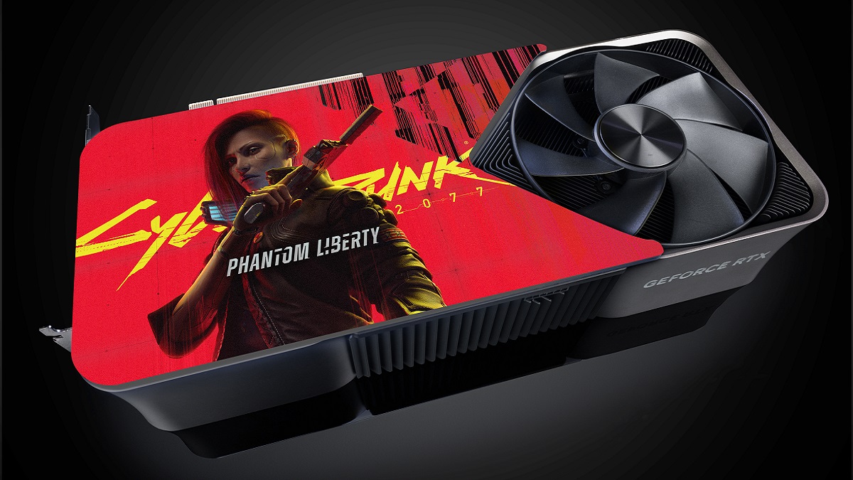 An Nvidia RTX 4090 graphics card with a red Cyberpunk 2077 design.