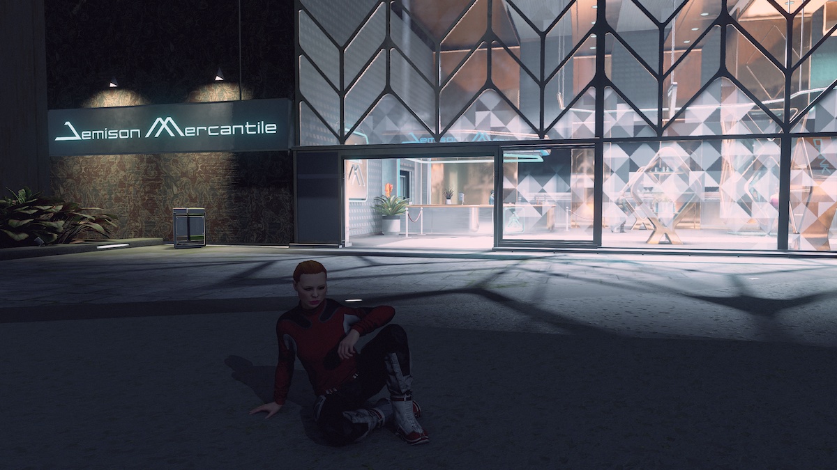 Character sitting next to Jemison Mercantile in Starfield.