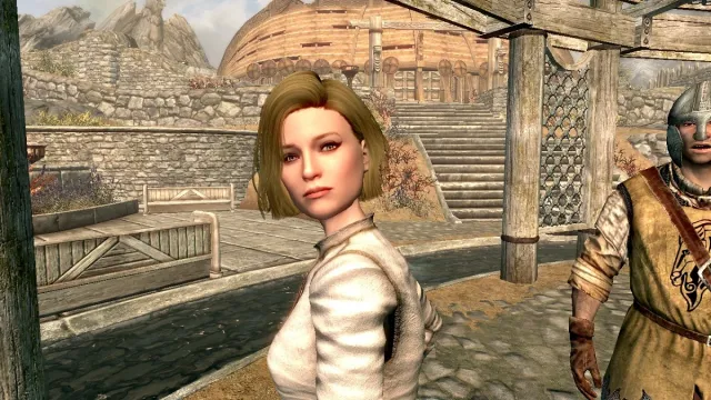 Skyrim: Sarah Morgan from Starfield stood in Whiterun.