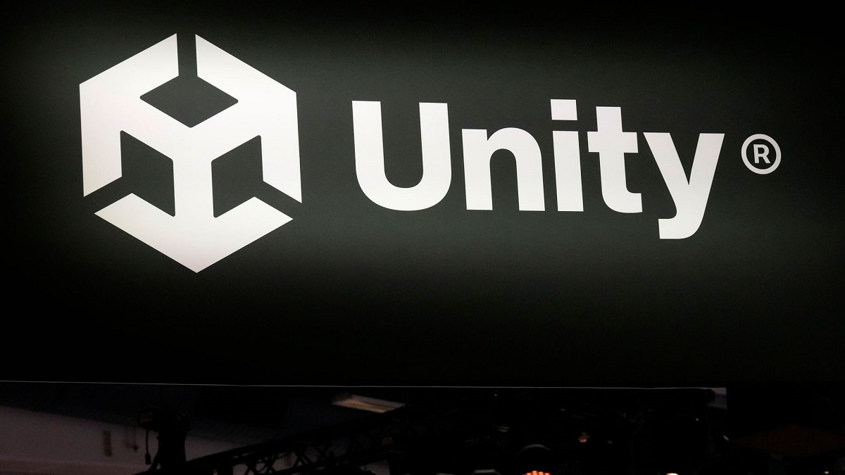 Unity-Logo auf einem Fernsehbildschirm.