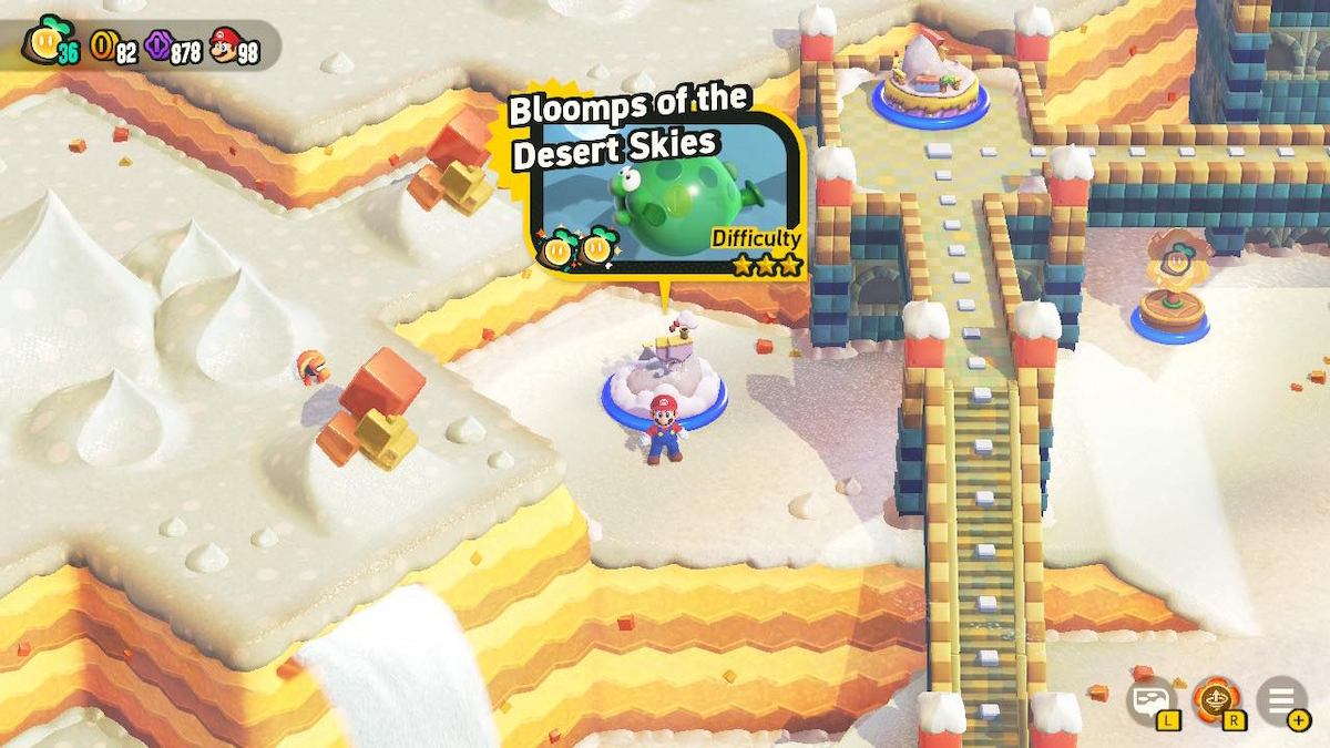 Mario standing by Bloomps of the Desert Skies level entry in Sunbaked Desert