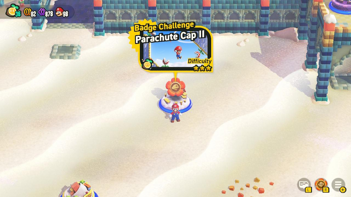 Mario standing by Parachute Cap 2 level entry in Sunbaked Desert