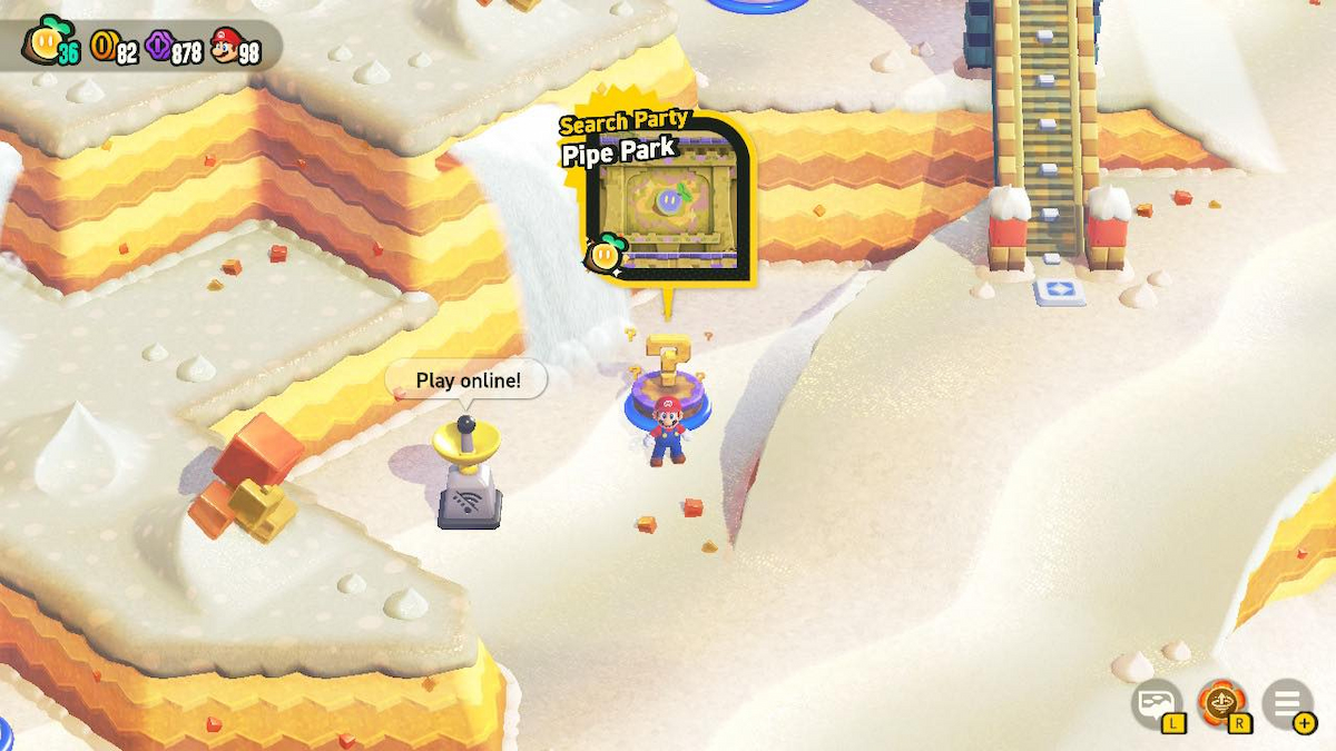 Mario standing by Pipe Park level entry in Sunbaked Desert