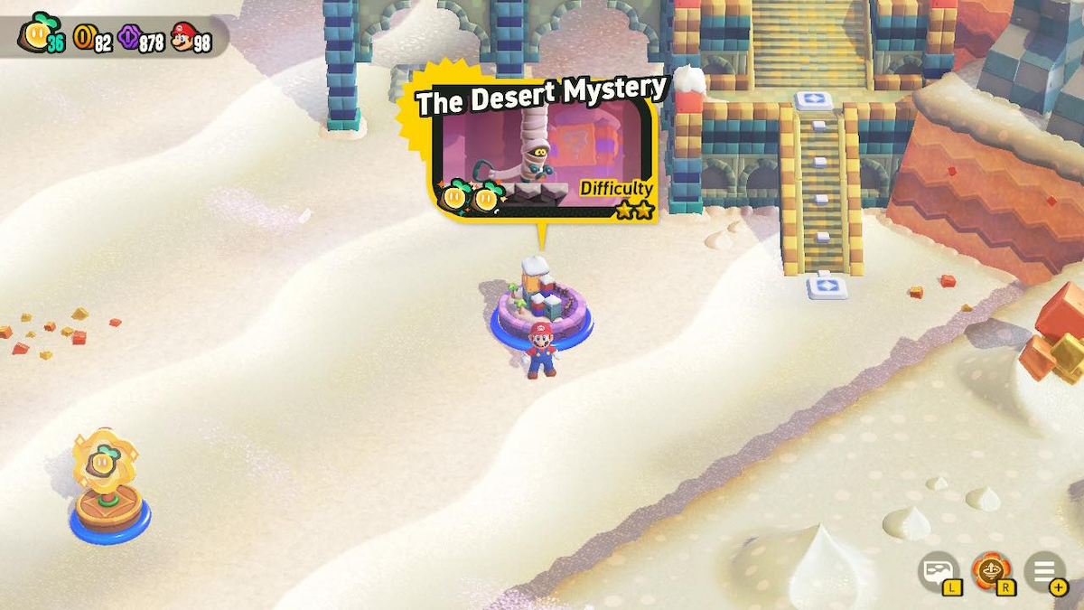 Mario standing by The Desert Mystery level entry in Sunbaked Desert