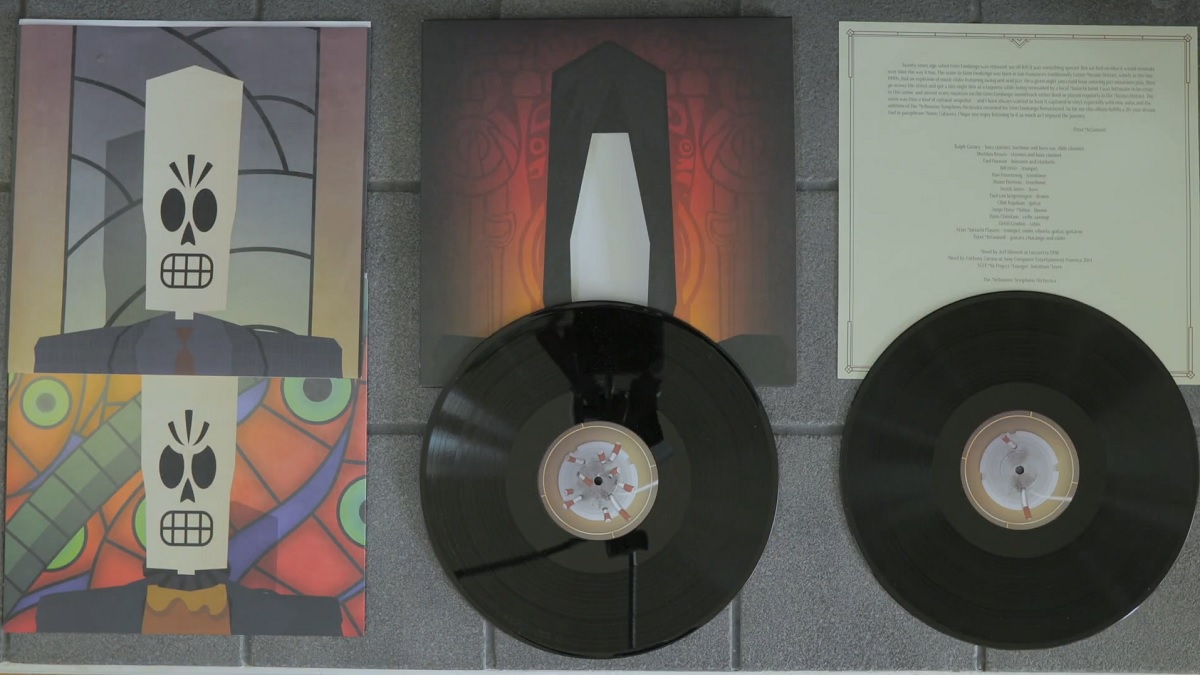 Foto der Grim Fandango-Soundtrack-Vinyl mit den zahlreichen Hüllencovern.