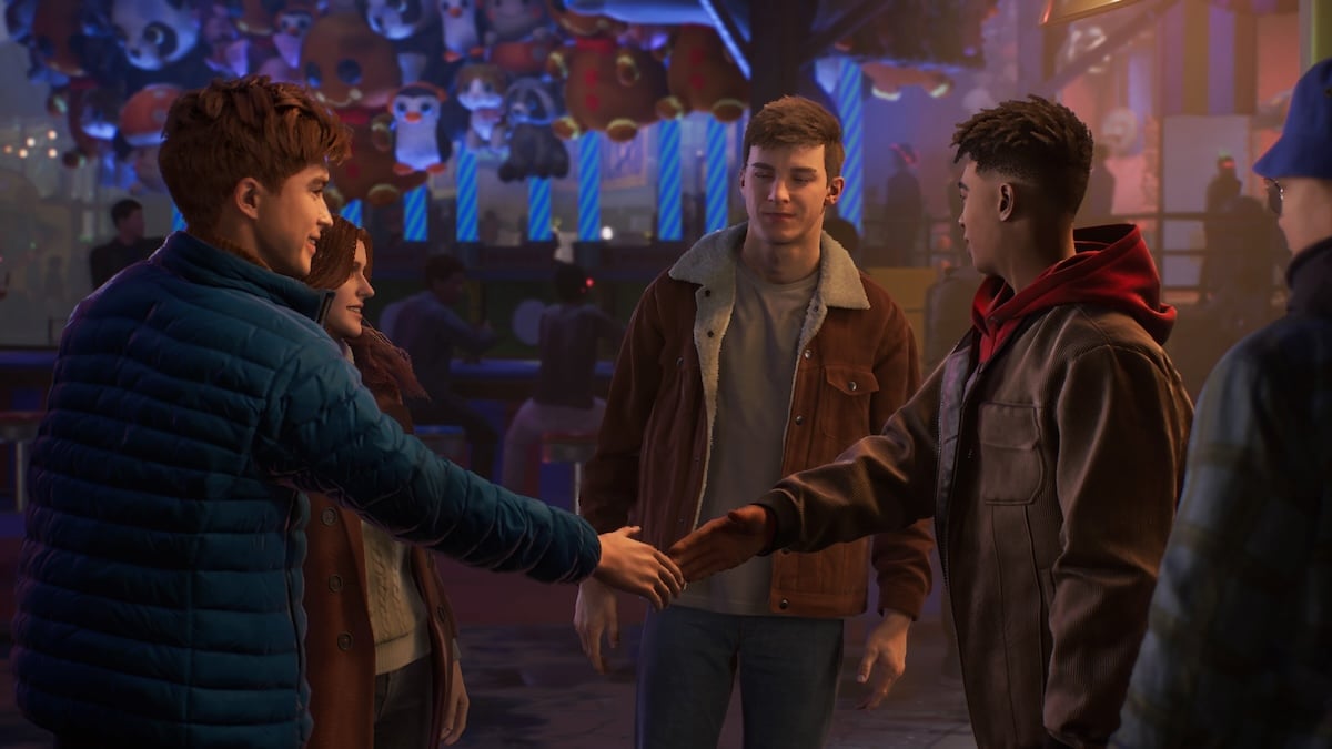 Miles, Harry, Peter, and MJ in Spider-Man 2.