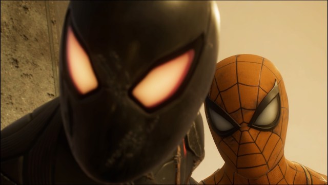 Miles Morales and Peter Parker close up in Spider-Man 2.