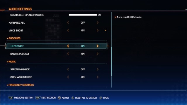 Podcast settings in Spider-Man 2.