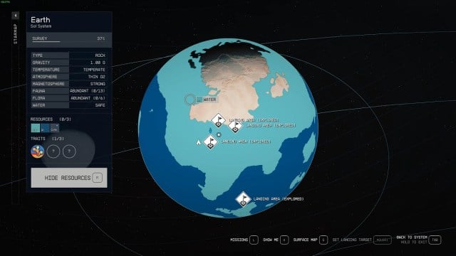 Starfield: a cosmos map showing Earth and its resources.