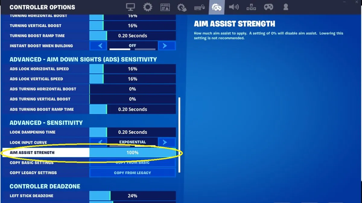 Turning on aim assist in Fortnite