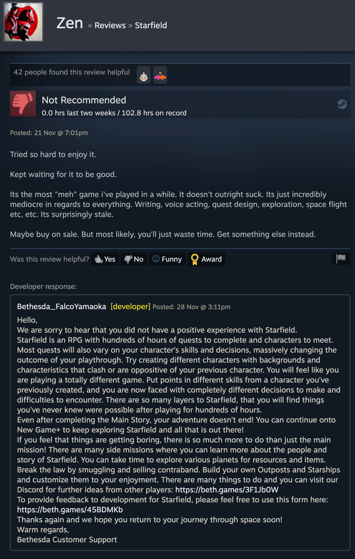 Bethesda Is Responding To Negative Reviews Of Starfield On Steam