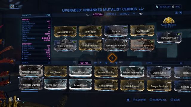 The Warframe menu where you can select the best Split Flights loadouts to farm them mod. 