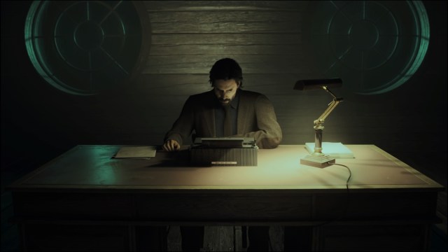 Alan Wake at his typewriter in Alan Wake 2.