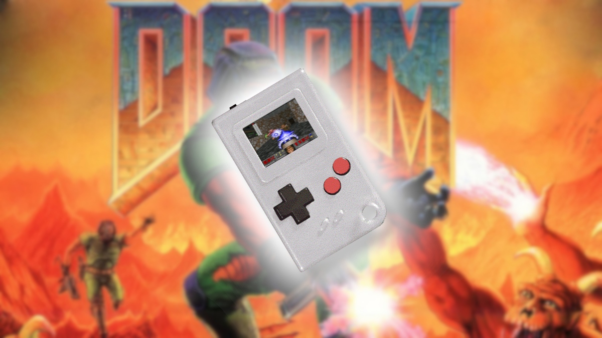 Das Doom-Logo mit einem winzigen Gerät im Game-Boy-Stil in der Mitte.