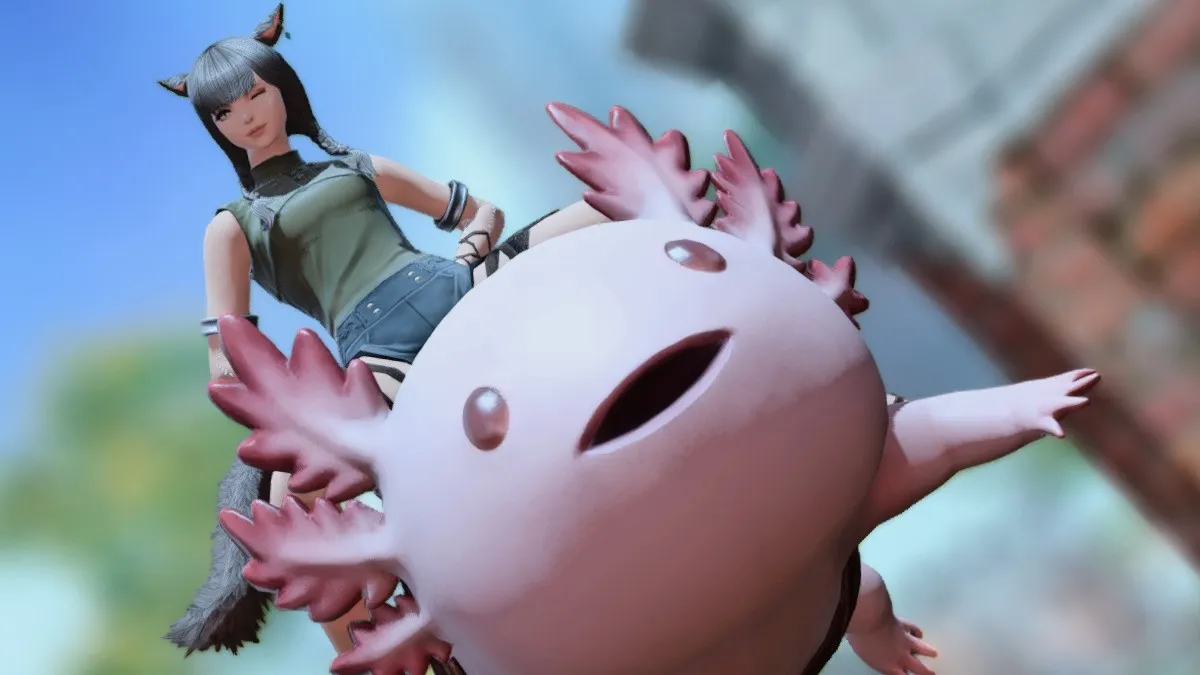 The Axolotl mount in FFXIV, sitting on him is a pig-tailed Catgirl