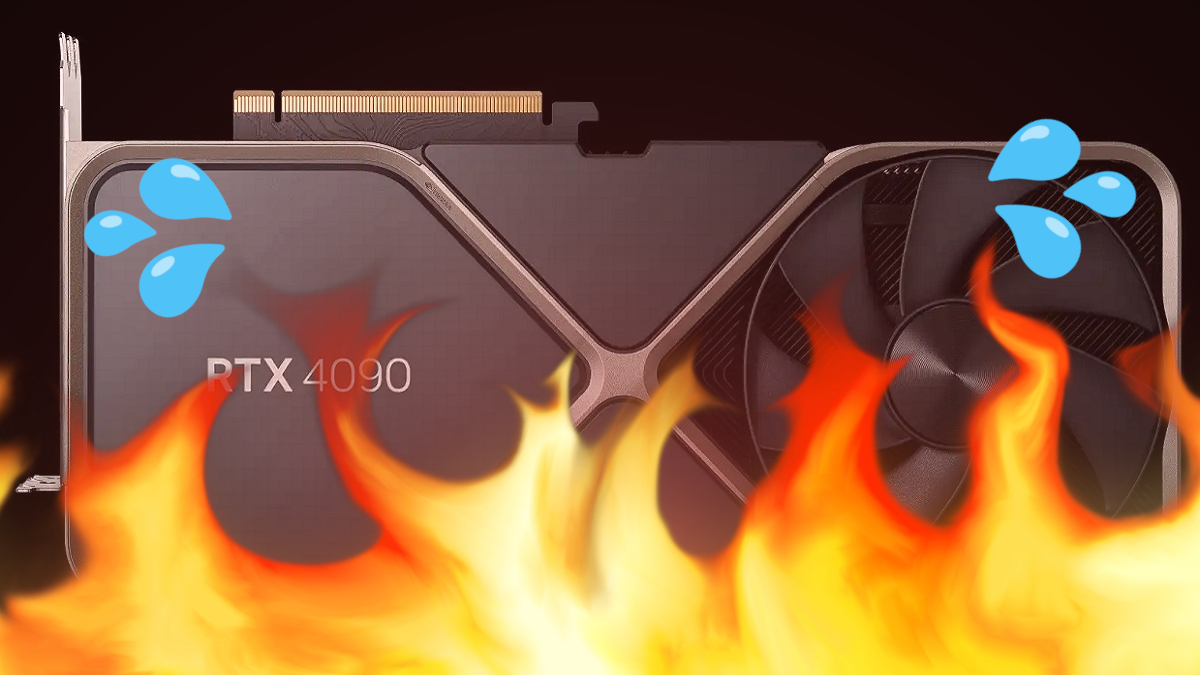 Eine Nvidia RTX 4090 mit Cartoon-Flammen davor.