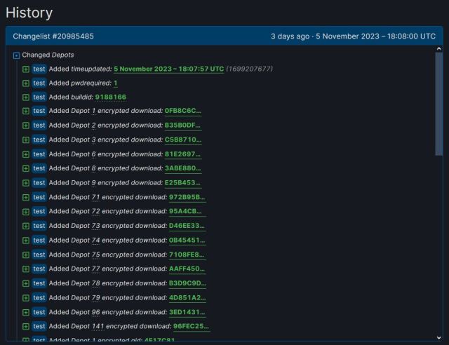 SteamDB screenshot showing a list of new depots being added to Half-Life.