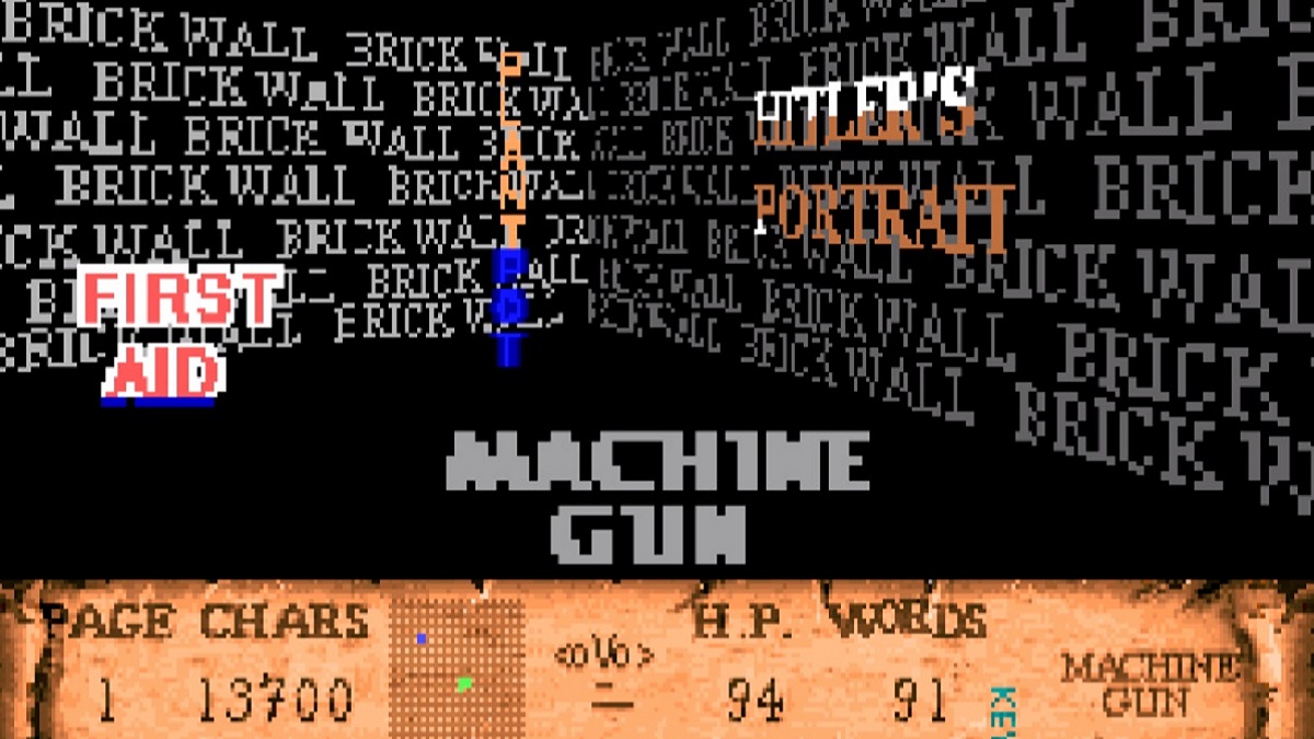 Wolfenstein 3D: Alle Texturen wurden durch Text ersetzt, z. B. Mauer, Erste Hilfe und Maschinengewehr.