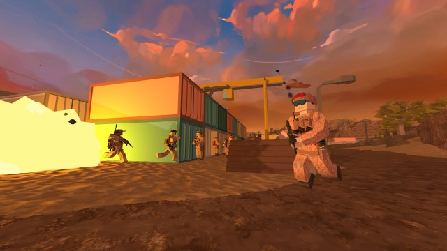 In BattleBit Remastered rennen Soldaten im Blockstil durch die Wüste