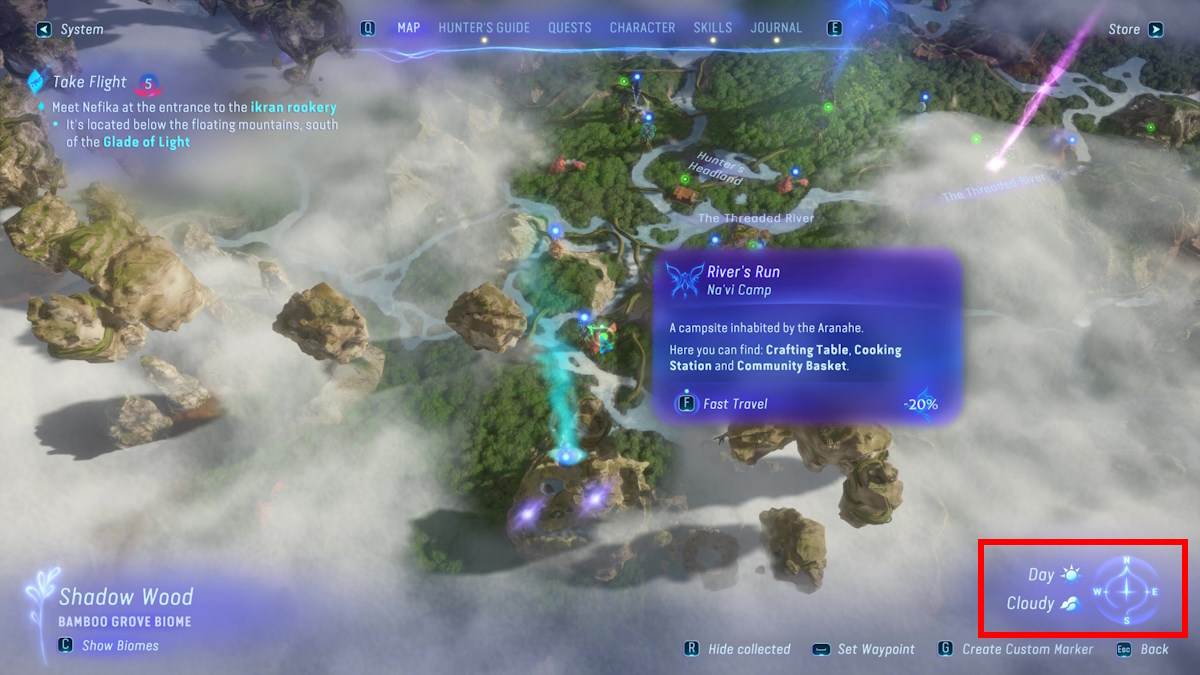 How to pass time in Avatar: FoP map showing day and weather conditions