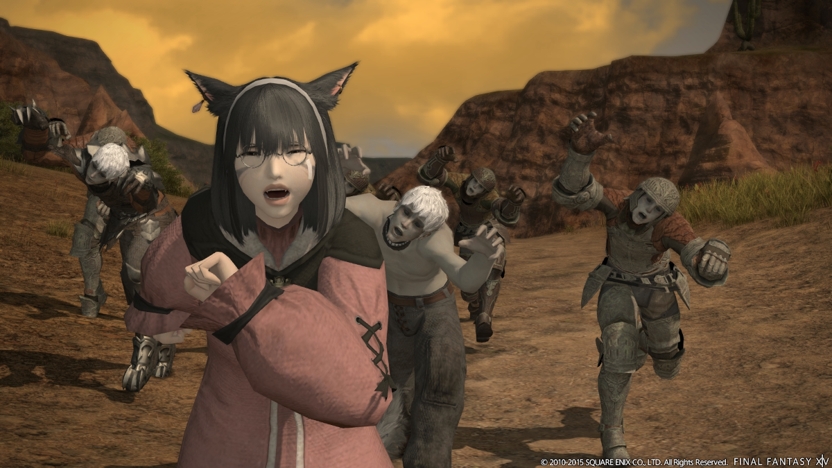 Zombies chase a player in one of Hildibrand's quests in Final Fantasy XIV