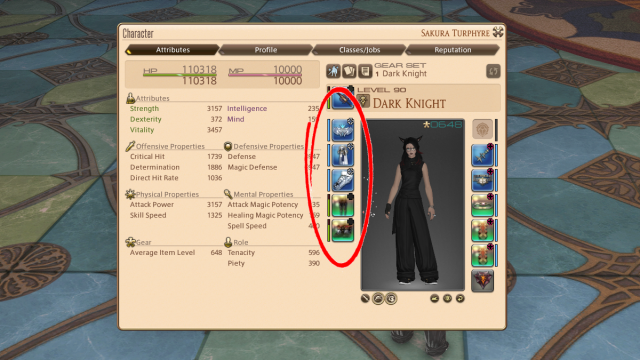 The FFXIV UI displaying gear in need of repair