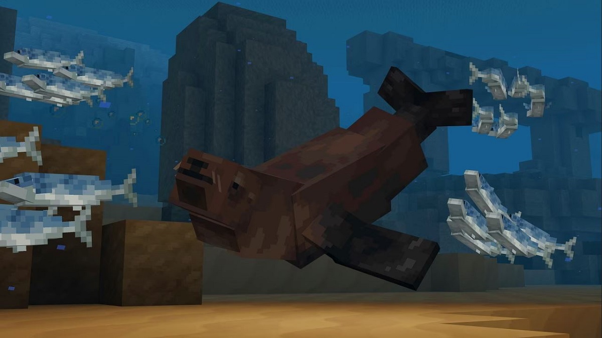 Minecraft: ein Seebär, der mit Fischen unter Wasser schwimmt.