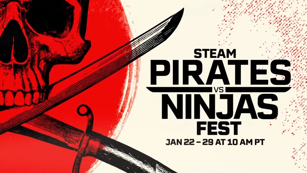 Steam Pirates vs Ninjas Fest: a skull and crossbones on a white and red background.